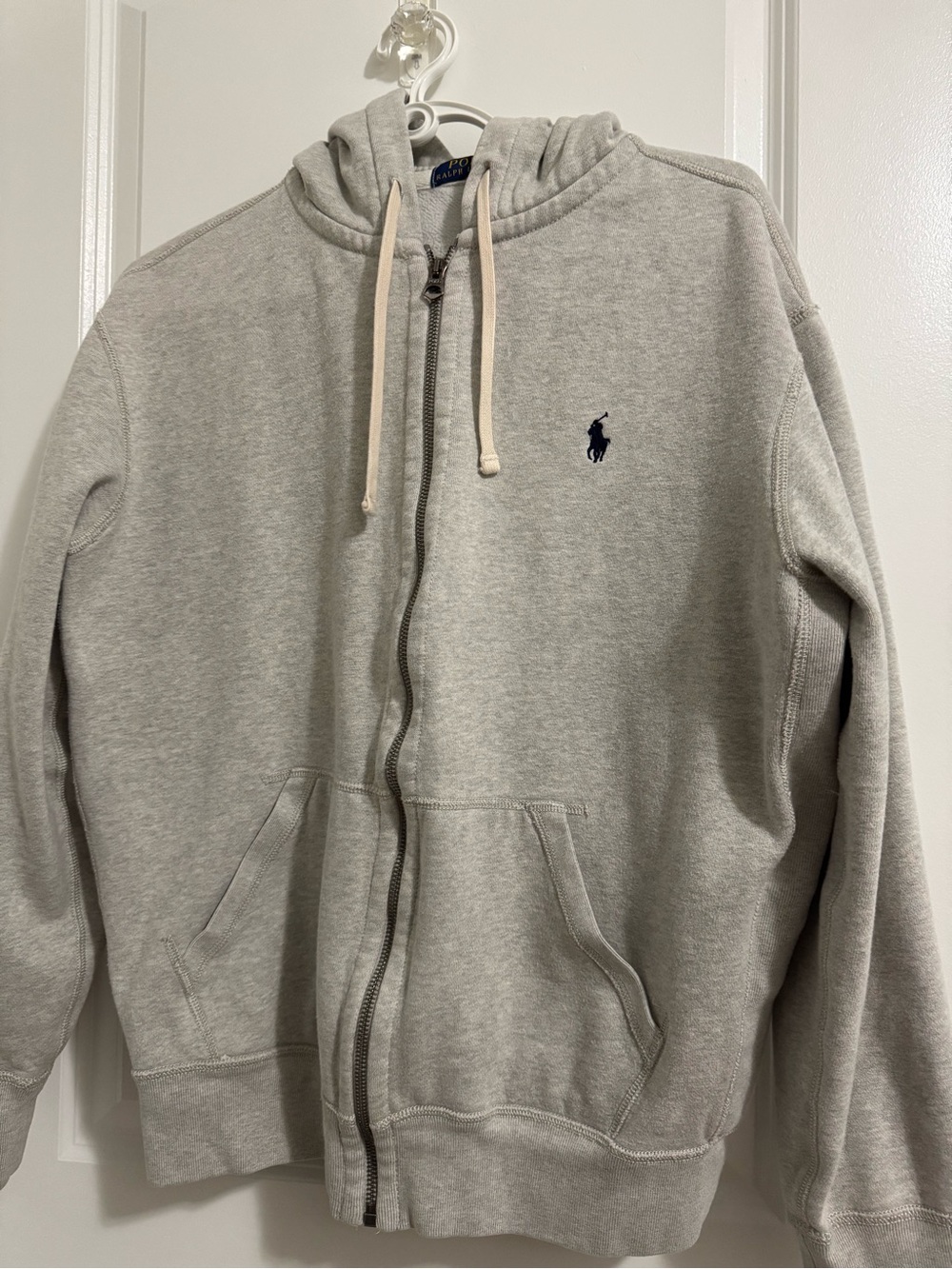 Ralph Lauren Light Gray Full-Zip Hoodie with Navy Polo Emblem